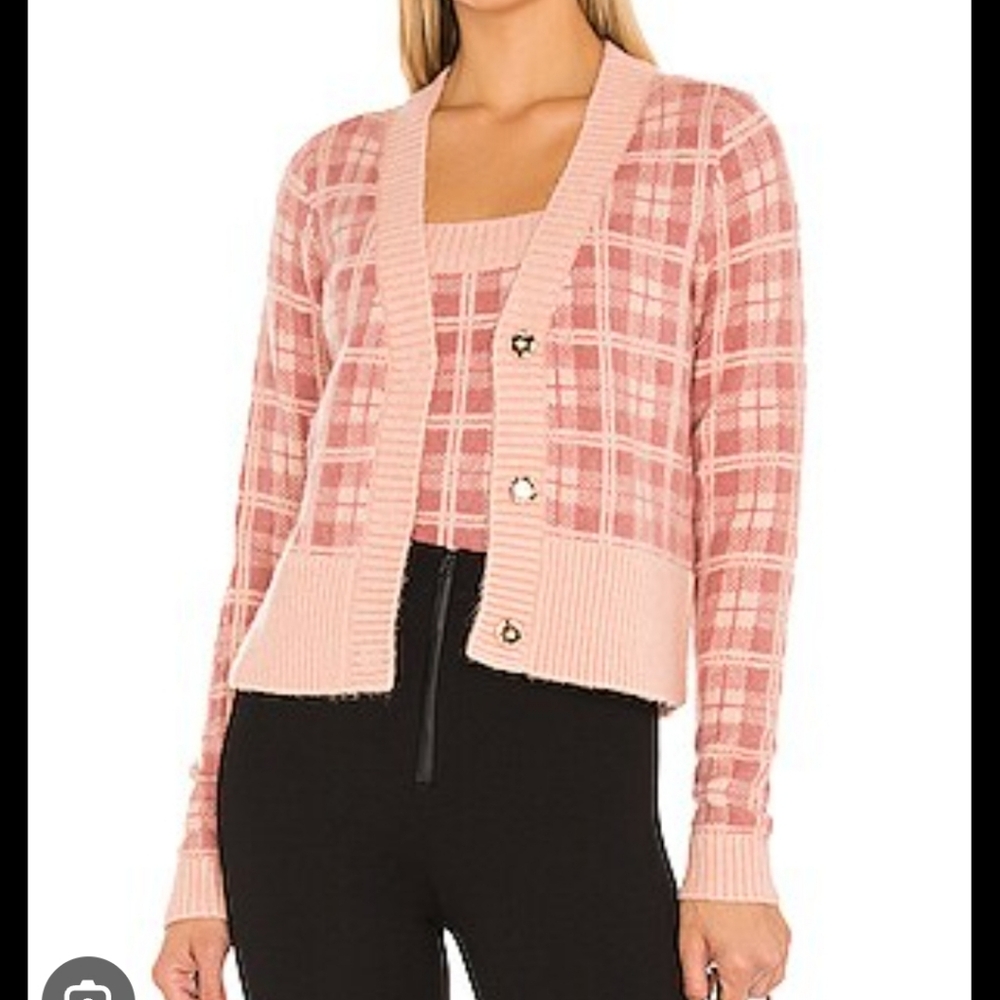 525 America Mauve Pink Plaid Knit Cardigan & Tank Set Xs